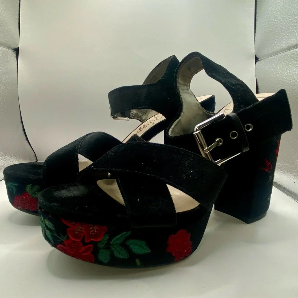 Libby Edelman Marcy Black Velvet Platforms with Red‎ Floral Embroidery